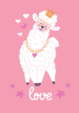 Cute alpaca in love, card with cartoon style vector illustrationのイラスト素材