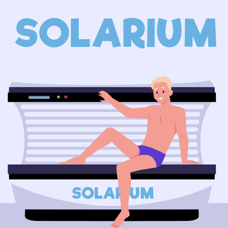Banner for beauty treatments in solarium with man sunbathing, flat vector.のイラスト素材