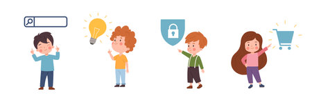 Children pointing fingers to icons.のイラスト素材