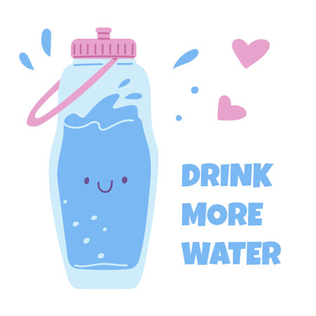 Cute water bottle character and drink more water text flat styleのイラスト素材