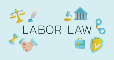 Labor law banner in 3D style, Legal justice service, litigation support, vector cartoon Law and jurisprudence symbolsのイラスト素材