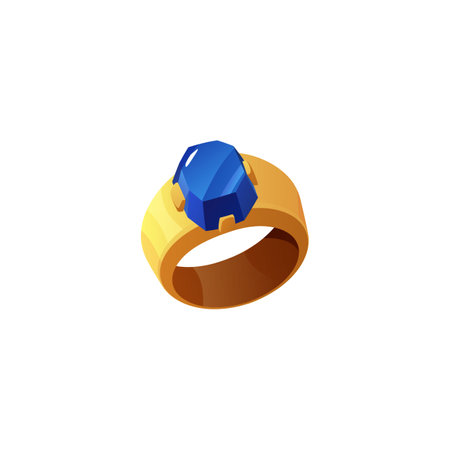 Golden ring with blue gemstone icon, vector cartoon fantasy game amulet, magic medieval jewelry, treasure accessoryのイラスト素材