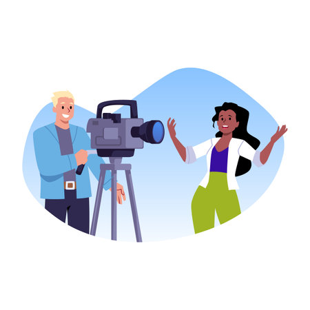 Sticker style illustration of a male cameraman with a video camera filming a woman.のイラスト素材