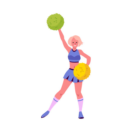 Pretty cheerleader is holding a pompom and dancing in action, vector cartoon sport fan performance,...