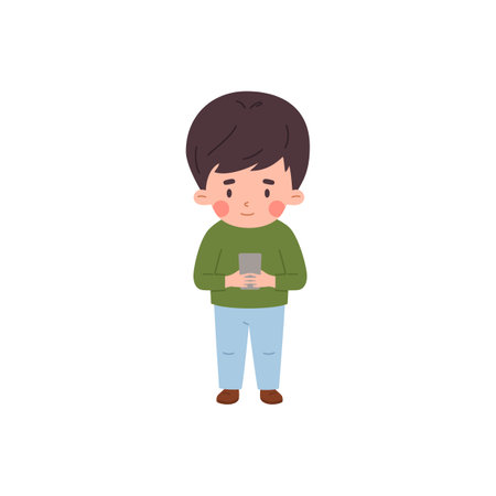Cute child standing and looking at the smartphone, vector little boy using gadget, addiction of smart technologiesのイラスト素材