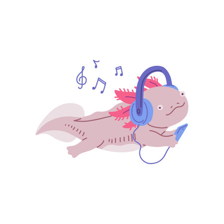 Cute Axolotl with headphones and audio player, vector little amphibian reptile listening music, marine friendly monsterのイラスト素材