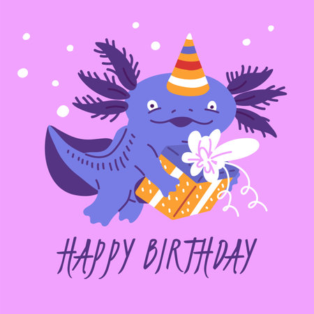 Squared banner or postcard about happy birthday with cute axolotlのイラスト素材