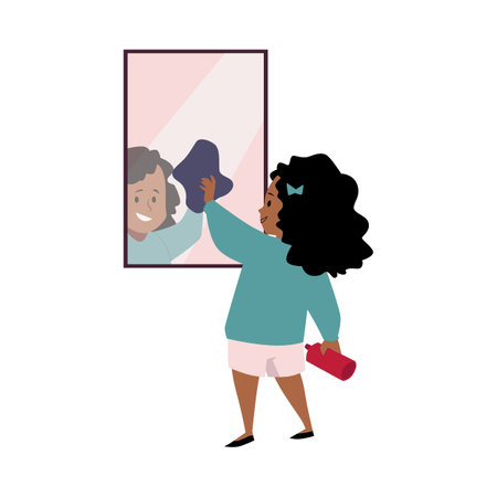 Cute girl cleaning mirror with rag and detergent spray, vector cartoon children cleaning duty, housework choresのイラスト素材