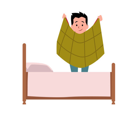Happy cute boy making the bed, cartoon children cleaning duty, housework chores vector illustration isolated on whiteのイラスト素材
