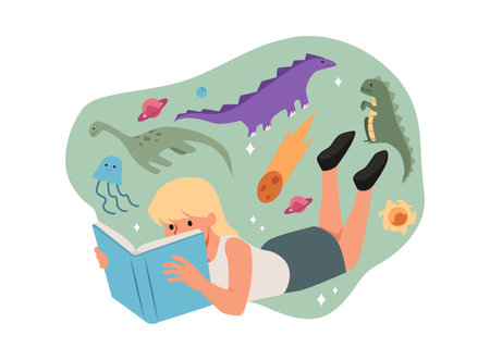 A teenage girl is reading a fascinating book about dinosaurs.のイラスト素材