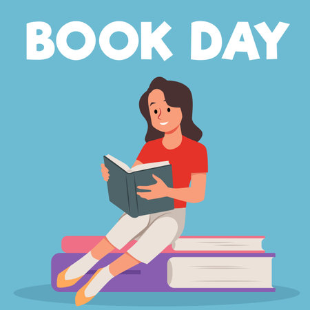 Book Day flyer with a teenage girl sitting on a pile of huge books.のイラスト素材
