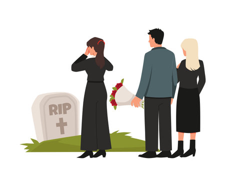 Cemetery with relatives visiting the grave, flat vector illustration isolated.のイラスト素材