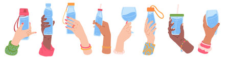 Hand holding glass, bottle of clean water, vector set of person holds different containers of pure...