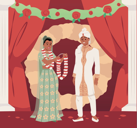 Indian wedding couple standing together, bride holding a wreath of flowers, vector engagement, marriage ceremonyのイラスト素材