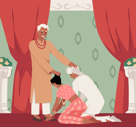 Indian wedding couple kneeling, fathers blessing, bride and groom ask for family benediction for engagement vectorのイラスト素材