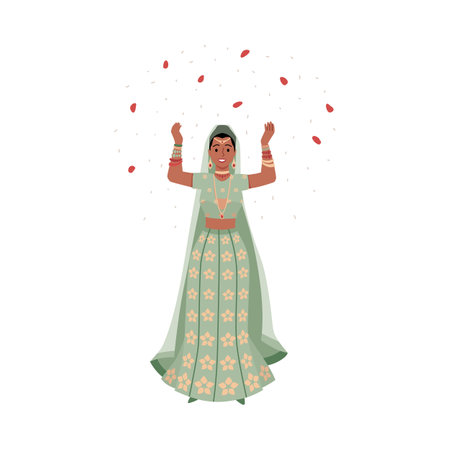 Smiling Indian bride hands up and standing under falling flower petalsのイラスト素材