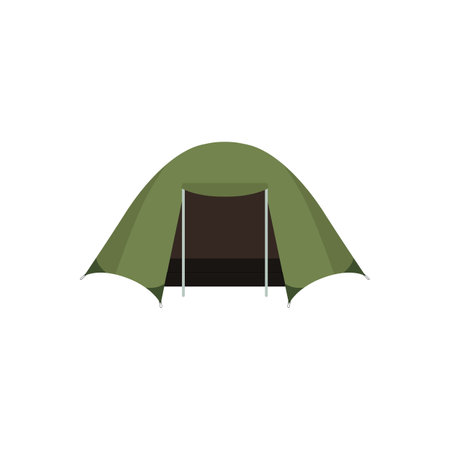 Tourist camping tent, campsite equipment, vector cartoon green tent for traveling and hiking summer outdoors activitiesのイラスト素材