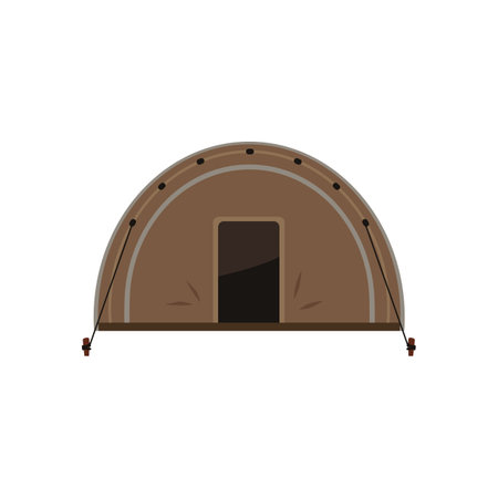 Tourist camping tent, vector cartoon brown campsite canopy round shape equipment for traveling hiking, front viewのイラスト素材
