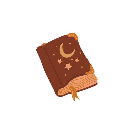 Antique magic book with moon crescent and stars on the cover, spiritual knowledge, vector Wicca esoteric and occult itemのイラスト素材