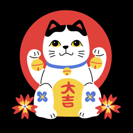 Vector flat figure of Maneki Neko on black background.のイラスト素材
