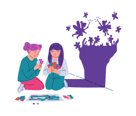 Girls playing games using their imagination, leisure time vector illustration without gadgets.のイラスト素材