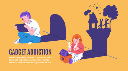 Banner depicting the influence of modern gadgets on children.のイラスト素材