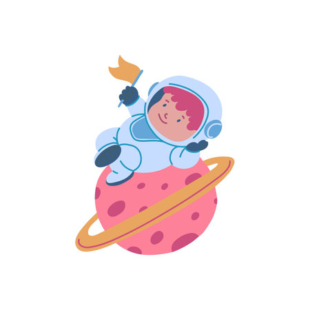 Cartoon boy astronaut holding flag, cute cosmonaut kid lies on the Saturn planet vector illustration, Astronomy scienceのイラスト素材