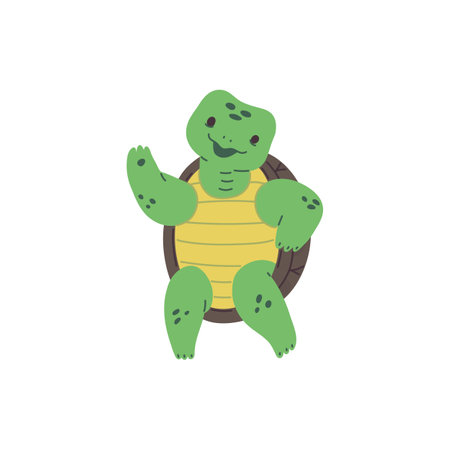Cute happy green sea turtle dancing, vector cartoon funny character performance, reptile animal, exotic amphibian petのイラスト素材