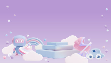 Pink and blue podium pedestal, newborn care accessories, toys stage for baby shop 3D advertising vector banner on cloudsのイラスト素材