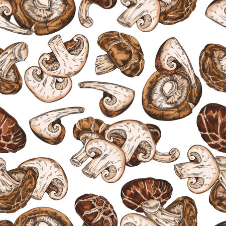 Seamless pattern with whole and cut shiitake mushrooms hand drawn vector, Asian fungus fungi natural organic vegan foodのイラスト素材