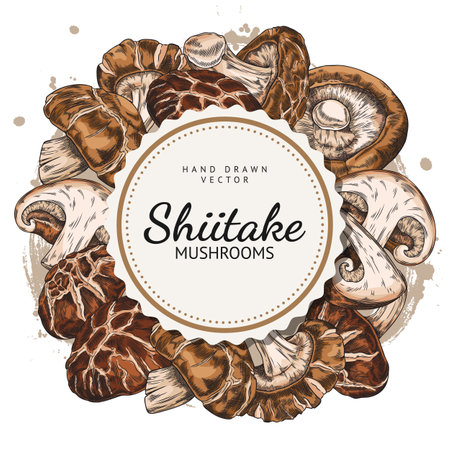 Decorative round frame with brown hand drawn shiitake mushroomsのイラスト素材