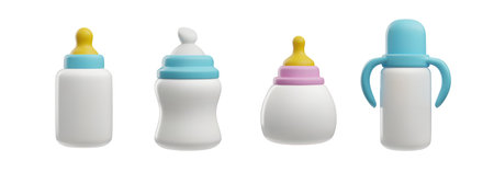 Baby milk bottles various shapes 3D style vector set, feeding blue and pink top containers with...