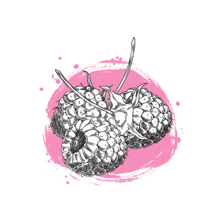 Raspberries heap engraved hand drawn vector, farm natural berry sketch, juicy sweet fruit food on pink watercolor stainのイラスト素材