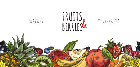 Bright vector card border with fruits and berries with space for text.のイラスト素材