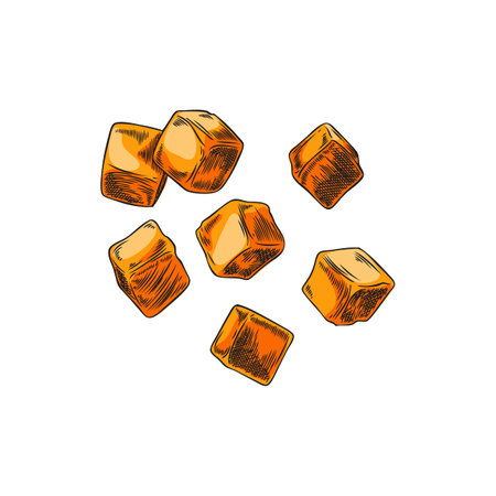 Vector linear illustrations of ripe yellow-orange mango slices hand-drawn, highlighted on a white background.のイラスト素材