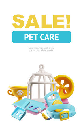 A poster of a pet store made in vector 3D format of essential pet care products.のイラスト素材