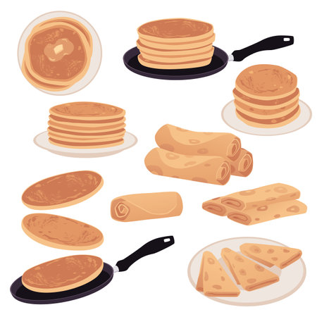 Set of round, rolled and sliced pancakes on frying pans and platesのイラスト素材