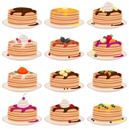 Pancakes with various fillings and berries set, vector illustration isolated.のイラスト素材