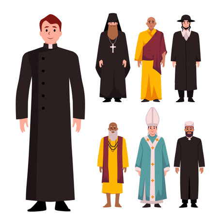 Priests or preachers of different religions, flat vector illustrations isolated.のイラスト素材