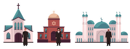 Priests and churches, cartoon style vector illustration isolated on whiteのイラスト素材