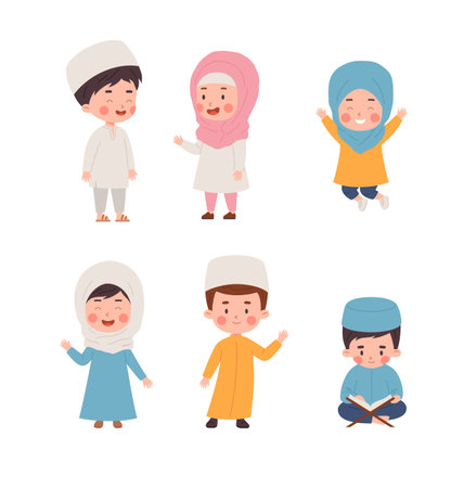 Muslim boys and girls vector cartoon set, tradition Islamic religion, children in national Arab clothing and headdressのイラスト素材