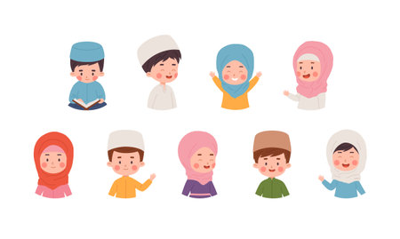 Arab Muslim children portraits or avatars flat vector illustration isolated.のイラスト素材