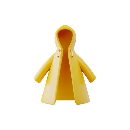 Yellow rain coat clothing with hood 3D style vector icon, render cartoon coat protects from rain, camping outerwearのイラスト素材