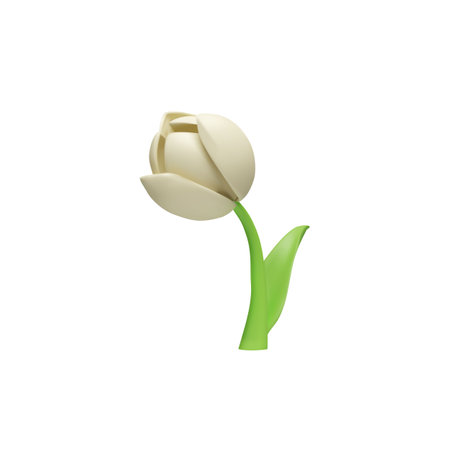 Tulip with leaves 3D realistic vector, plasticine texture beautiful white flower, single blossom plant for floral designのイラスト素材