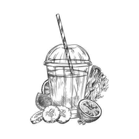 Vector illustration of a fresh vegetable smoothie in a plastic cup on a white backgroundのイラスト素材