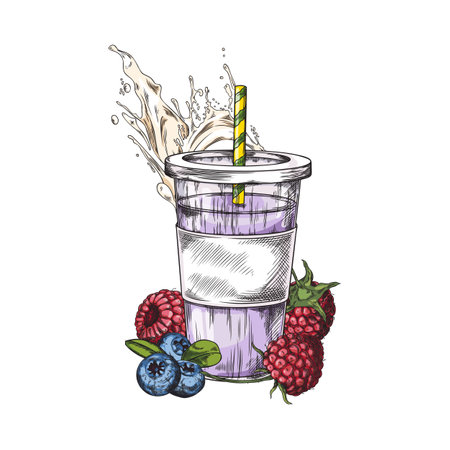 Vector illustration of a purple smoothie made from raspberries and blueberries on a white backgroundのイラスト素材