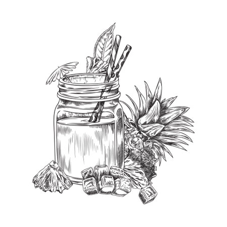 Vector illustration of a fresh pineapple and mango fruit smoothie in a glass jar and two tubes.のイラスト素材