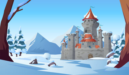 Winter landscape of kingdom in the forest vector, vintage castle with mountains and snowdrifts, medieval stone palaceのイラスト素材