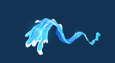 Blue water splash, vector splashing fluids with droplets isolated, falling aqua drops, sea wave motion, flow, streamのイラスト素材