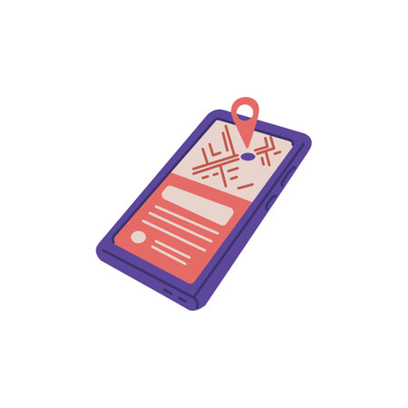 Mobile phone with navigation mark on map, online delivery tracking mobile application, vector gps, geo tag locationのイラスト素材